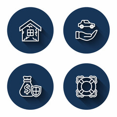 Set line House, Car insurance, Money bag with shield and Lifebuoy with long shadow. Blue circle button. Vector