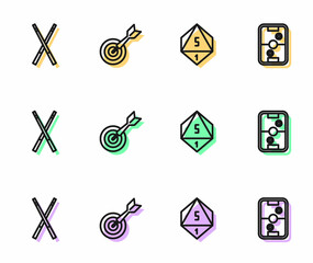 Set line Game dice, Crossed billiard cues, Classic dart board and arrow and Air hockey table icon. Vector