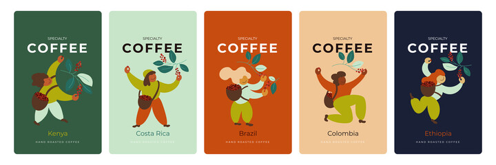 Coffee package design set. Label collection, template for brand packaging hand roasted coffee beans. Vector illustration of happy pickers harvest red berries. Ethiopia, Colombia blend for cappuccino