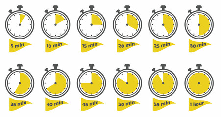 Timer clock stopwatch icon set. Cooking time label. Vector illustration.