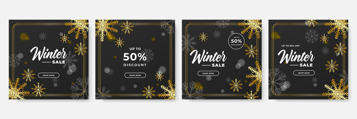 Winter christmas sale post square social media template. Winter sale banner with trees, ribbon, snowflakes and text. design of flyers with discount offers and special seasonal retail promotion.
