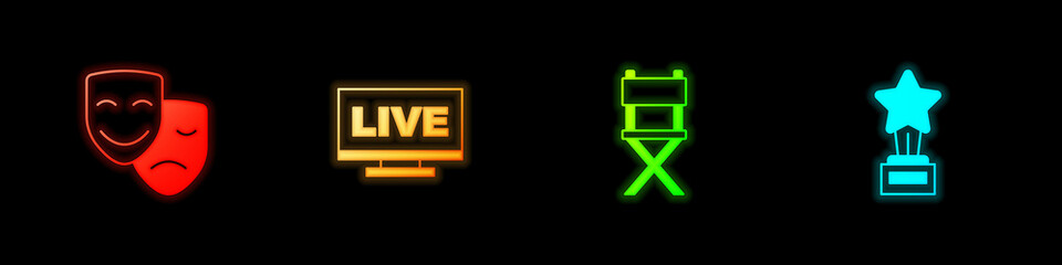 Set Comedy and tragedy masks, Live stream, Director movie chair and Movie trophy icon. Vector