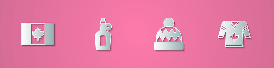 Set paper cut Flag of Canada, Bottle maple syrup, Beanie hat and Hockey jersey icon. Paper art style. Vector