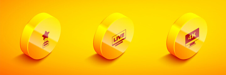 Set Isometric Movie trophy, Live stream and Screen tv with 4k icon. Vector