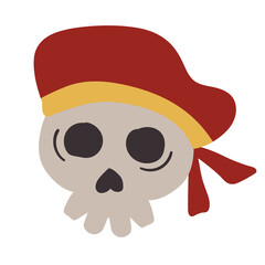 Pirate Skull with Red Hat, Jolly Roger Symbol in Cartoon Style