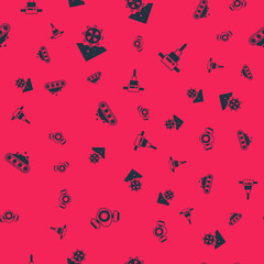 Set Gas mask, Bucket wheel excavator, Conveyor belt carrying coal and Construction jackhammer on seamless pattern. Vector