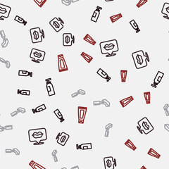Set line Bottle of shampoo, Smiling lips, Lip augmentation and Cream or lotion cosmetic tube on seamless pattern. Vector