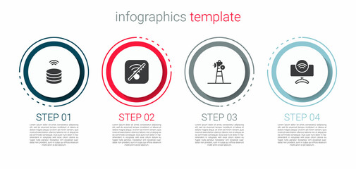 Set Smart data server, No Wi-Fi wireless internet, Satellite dish and Tv system. Business infographic template. Vector