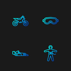 Set line Bungee jumping, Formula 1 racing car, Mountain bike and Ski goggles. Gradient color icons. Vector