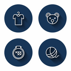 Set line T-shirt on hanger, Teddy bear plush toy, Round adjustable embroidery hoop and Yarn ball with long shadow. Blue circle button. Vector