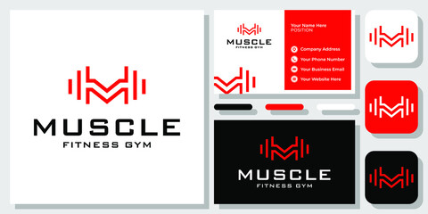 Initial Letter M Barbell Fitness Gym Muscle Dumbbell Strong Logo Design with Business Card Template