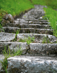 Shallow depth of field (selective focus) image with medieval stone steps from the middle ages inside the Bran Castle, known also as Dracula’s Castle in Transylvania, Romania.