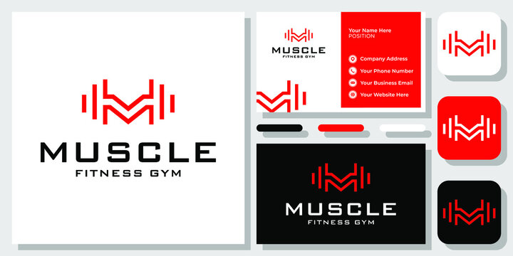 Initial Letter M Barbell Fitness Gym Muscle Dumbbell Strong Logo Design with Business Card Template - Powered by Adobe