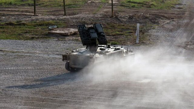 Alabino, Russia - 22 August 2017: Russian military tank robot radio-controlled without people rides on road. Special combat equipment with a firearm.