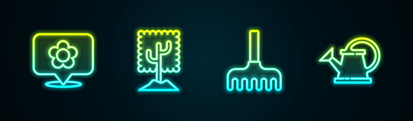 Set line Location with flower, Tree, Garden rake and Watering can. Glowing neon icon. Vector