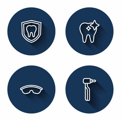 Set line Dental protection, Tooth whitening, Safety goggle glasses and drill with long shadow. Blue circle button. Vector