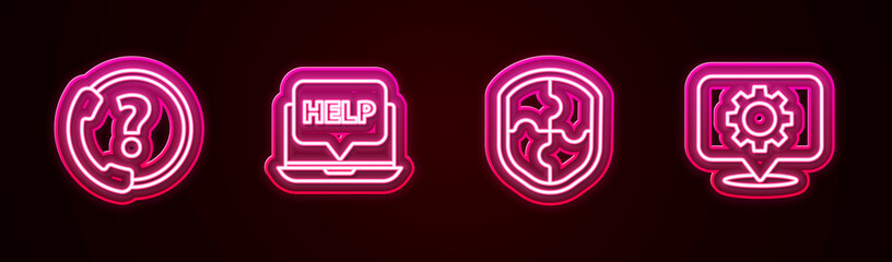 Set line Telephone 24 hours support, Laptop and help, Shield and Location with gear. Glowing neon icon. Vector