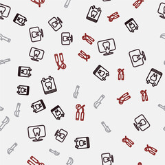 Set line Calendar with tooth, Dental clinic location, floss and mirror and probe on seamless pattern. Vector