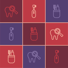 Set line Broken tooth, Toothbrush and toothpaste and Electric toothbrush icon. Vector