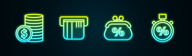 Set line Coin money with dollar, Credit card, Purse percent and Stopwatch and. Glowing neon icon. Vector