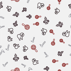 Set line Tooth, Syringe, drill and Dental search on seamless pattern. Vector