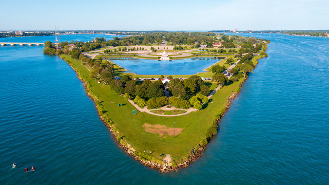 An aerial view of Sunset Point on the Western coast of Belle Isle Park in Detroit, Michigan. 