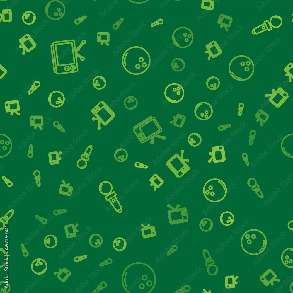 Poster set line retro tv, joystick for arcade machine and bowling ball on seamless pattern. vector