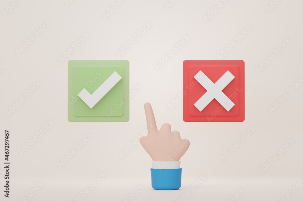 Poster 3d render of cartoon hand choosing button choices between correct and incorrect on pastel background