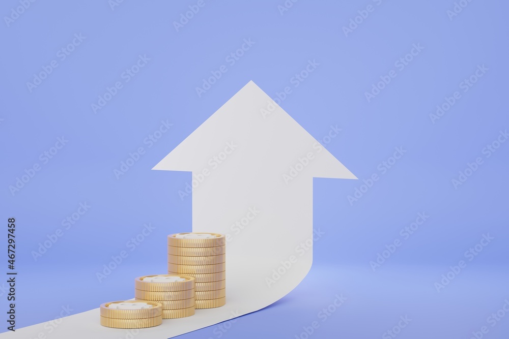 Poster 3d render of golden coins stack in saving money for goal concept. minimal pastel scene. growth finan