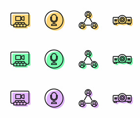 Set line Meeting, Video chat conference, Microphone and Movie, film, media projector icon. Vector