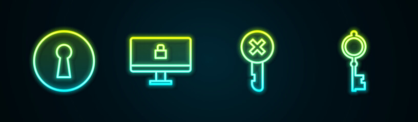 Set line Keyhole, Lock on computer monitor, Wrong key and Old. Glowing neon icon. Vector © Kostiantyn