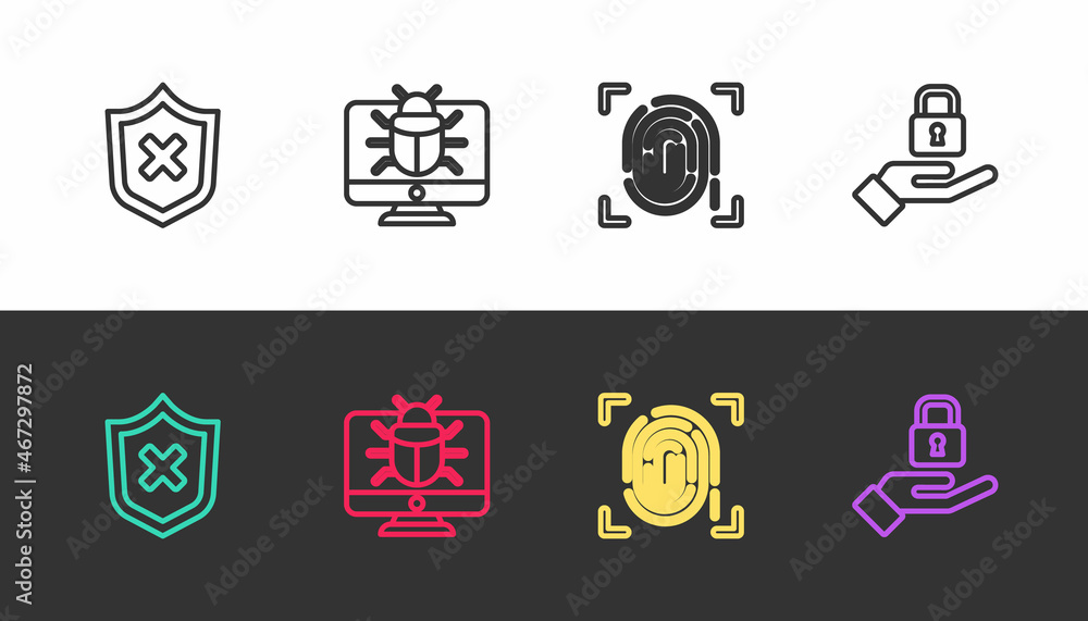 Poster set line shield with cross mark, system bug on monitor, fingerprint and lock hand on black and white