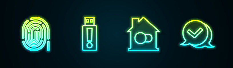 Set line Fingerprint, USB flash drive, Smart home and Check mark speech bubble. Glowing neon icon. Vector