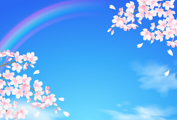 Naklejka na ściany i meble 桜と青空と虹の美しいベクターイラスト背景