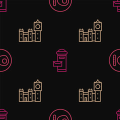 Set line British breakfast, Big Ben tower and London mail box on seamless pattern. Vector