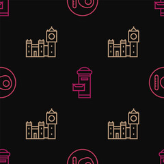 Set line British breakfast, Big Ben tower and London mail box on seamless pattern. Vector