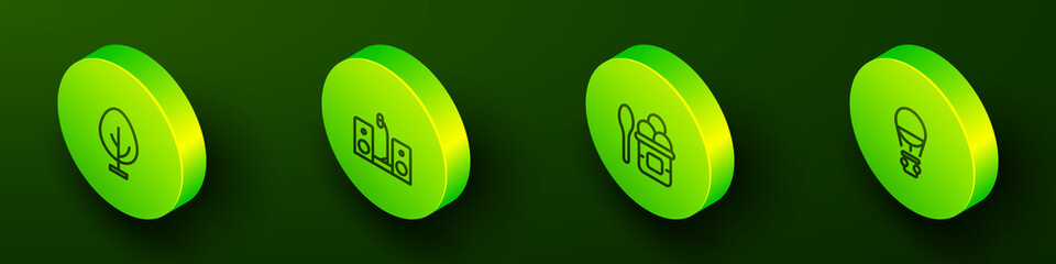 Set Isometric line Tree, Home stereo with two speakers, Ice cream in bowl and Hot air balloon icon. Vector