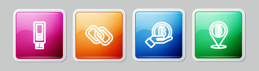 Set line USB flash drive, Chain link, Hand holding Bitcoin and . Colorful square button. Vector