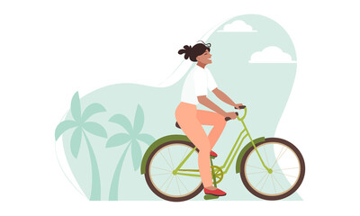 A cute girl with flying hair rides a bicycle. Background landscape with palm. The concept of an active lifestyle, environmentally friendly means of transportation. Vector illustration.