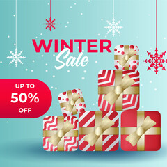 Winter poster with golden Christmas snowflakes and stars. Winter big sale poster. Winter background. Winter Christmas sale social media template design background. Vector illustration