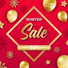 Winter poster with golden Christmas snowflakes and stars. Winter big sale poster. Winter background. Winter Christmas sale social media template design background. Vector illustration