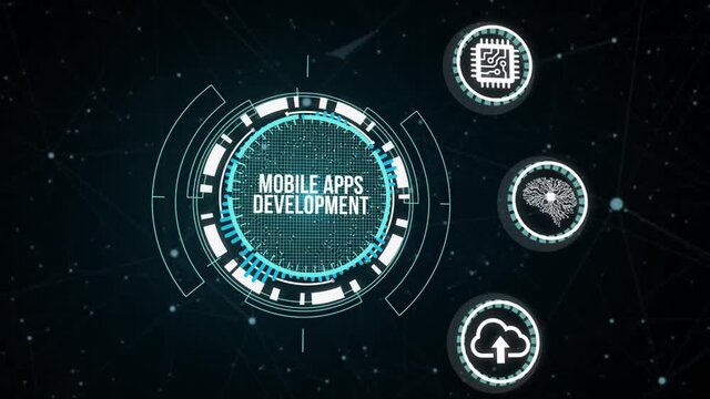 Internet, business, Technology and network concept. Inscription MOBILE APPS DEVELOPMENT on the virtual display. Cloud technology concept. Virtual button.