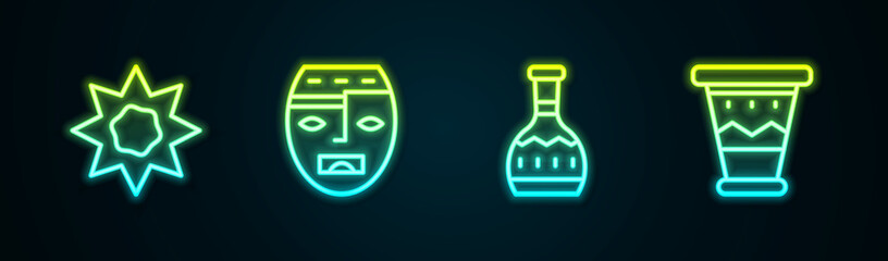 Set line Sun, Aztec mask, Tequila bottle and Mexican drum. Glowing neon icon. Vector