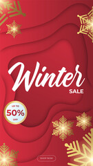 Naklejka premium Winter poster with golden Christmas snowflakes and stars. Winter big sale poster. Winter background. Winter Christmas sale social media template design background. Vector illustration