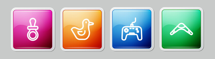 Set line Baby dummy pacifier, Rubber duck, Gamepad and Boomerang. Colorful square button. Vector
