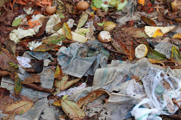 Garbage pile. Organic, paper and plastic dirty stack of smelly trash. Paper and food waste 