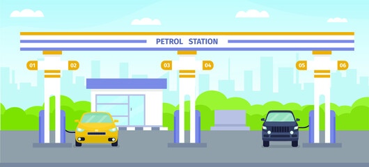 Illustration of a petrol station in the city. Vector flat cartoon illustration.