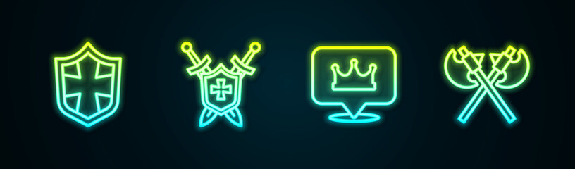 Set line Shield, Medieval shield with swords, Location king crown and Crossed medieval axes. Glowing neon icon. Vector