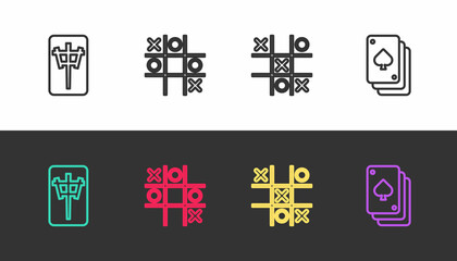 Set line Mahjong pieces, Tic tac toe game, and Playing cards on black and white. Vector