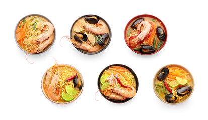Collection of spicy Thai soups on white background